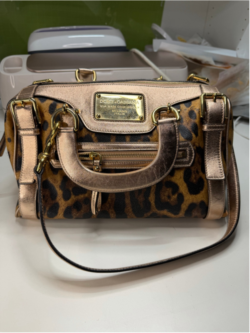 Women's Dolce & Gabbana Leopard Print Satchel Bag, One Size, Brown and Gold